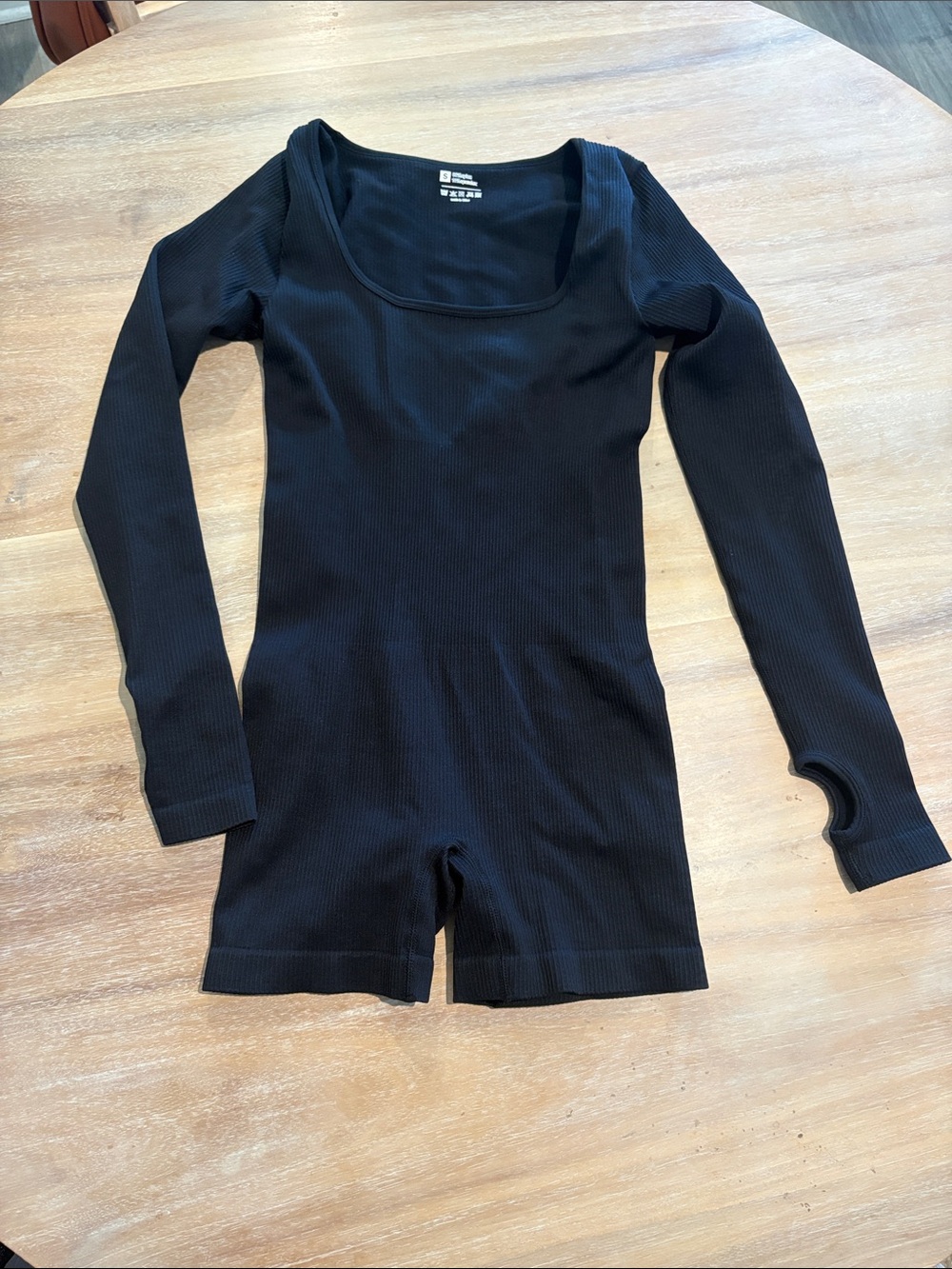 Ribbed Long-Sleeve Short Romper - Black